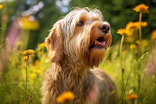 Cane Otterhound seduto in un prato circondato da vivaci fiori di campo ed erba nella giornata di sole generata ai