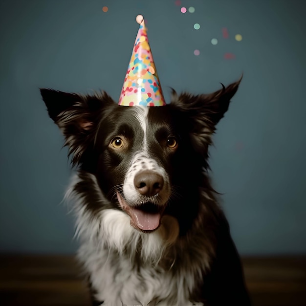 Cane pastore australiano con cappello di compleanno su sfondo arancione