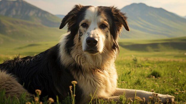 Cane pastore di fattoria con una bella campagna sullo sfondo