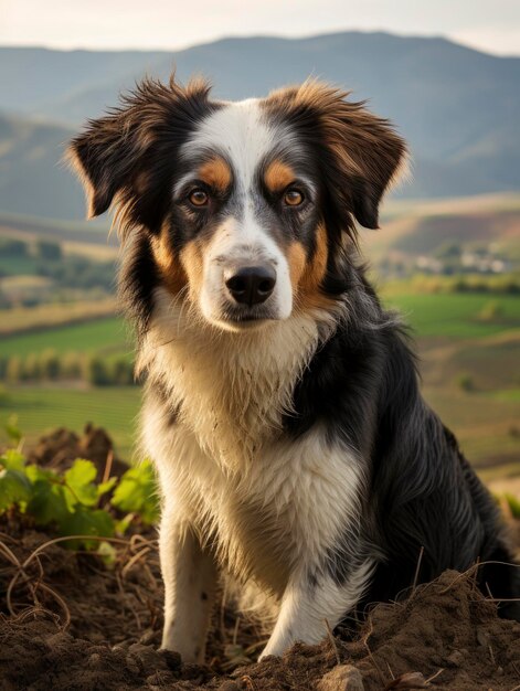 Cane pastore di fattoria con una bella campagna sullo sfondo