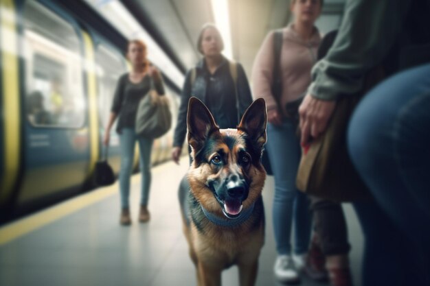 Cane paziente in attesa di partenza nella stazione della metropolitana