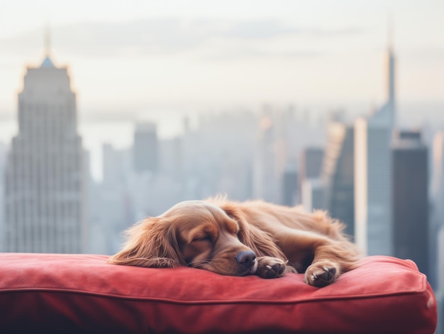 Cane pensieroso che riposa su un morbido divano con vista sulla città