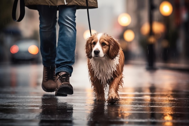 Cane per la cura degli animali domestici che cammina con il proprietario irriconoscibile nelle strisce pedonali delle strade della città in una giornata di pioggia Generato dall'intelligenza artificiale