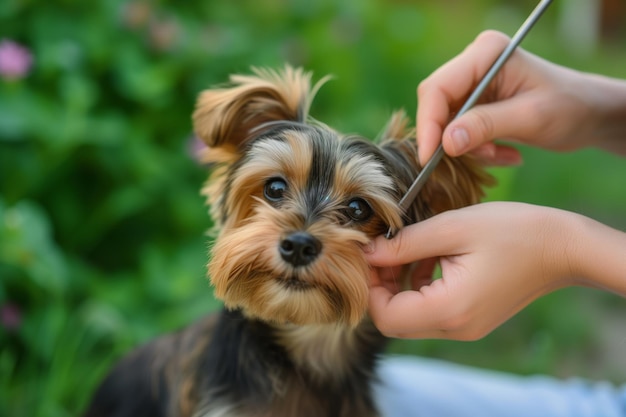 Cane piccolo spazzolato con uno strumento per rimuovere le zecche da un proprietario attento