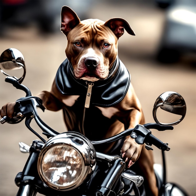 Cane Pit Bull Guida Moto Nera Colore Cane Pit Bull In Abito Di Pelle Pura Perfezione Divina