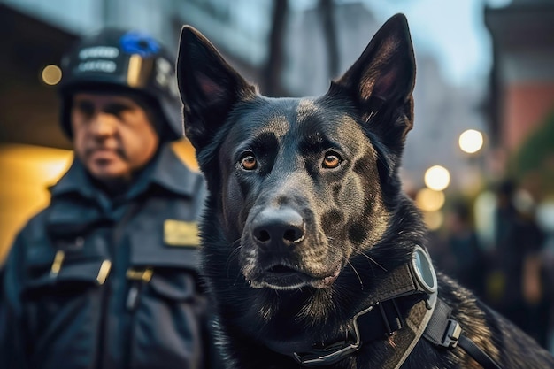 Cane poliziotto che indossa un collare di comunicazione animale bidirezionale hightech sulla strada della città