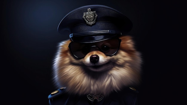 cane pomerania in tuta e vestito della polizia illustrazione cucciolo di cane divertente pomerania generativo ai