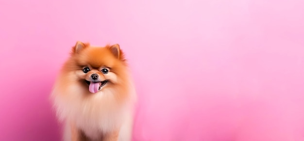 Cane Pomerania su sfondo rosa Il cane mostra la lingua Posto per il testo Banner