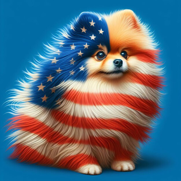 Cane pomeraniano con bandiera americana su sfondo blu rendering 3D