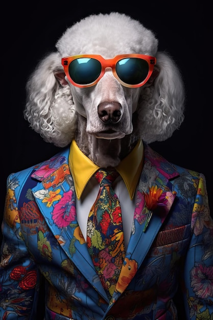 Cane poodle bianco vestito in un elegante abito moderno con una bella cravatta indossando occhiali da sole moda