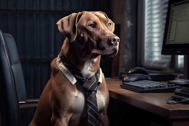 Cane programmatore in giacca e cravatta siede al suo computer e programma l'IA generativa