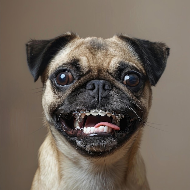 Cane Pug con la bocca aperta e i denti mancanti