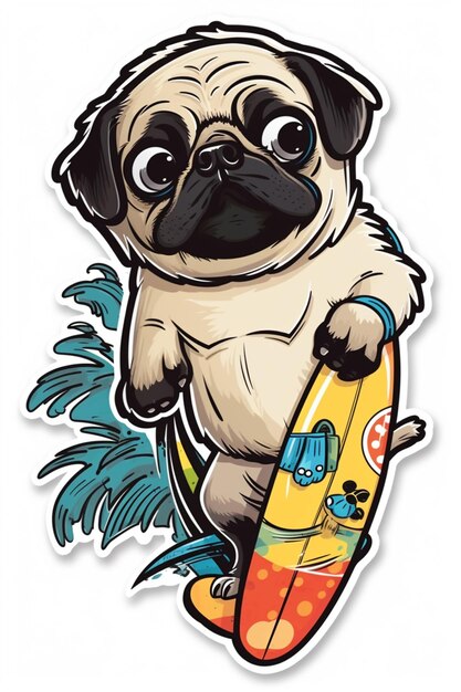 cane pug di cartone animato su una tavola da surf con un grande sorriso generativo ai