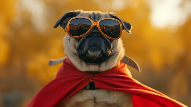 Cane pug divertente che indossa occhiali da sole e un mantello che posa davanti agli alberi in una giornata di sole