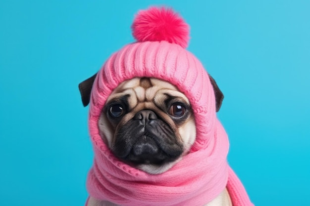 Cane pug in divertente abito y2k in colori rosa e blu animali domestici in abbigliamento di moda in studio animale simile all'uomo personaggio divertente