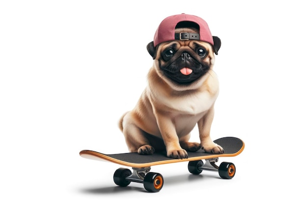 cane pug indossa un berretto che cavalca uno skateboard su uno sfondo bianco