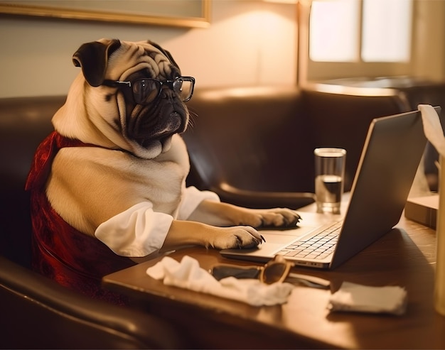 Cane pug occupato Concetto di duro lavoro o lavoro da casa