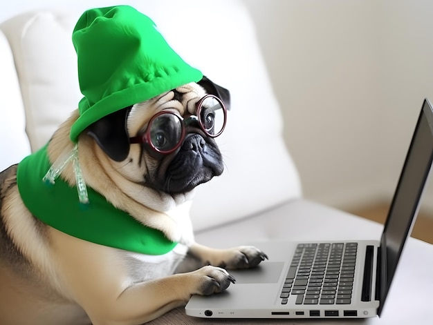 Cane pug occupato Concetto di duro lavoro o lavoro da casa