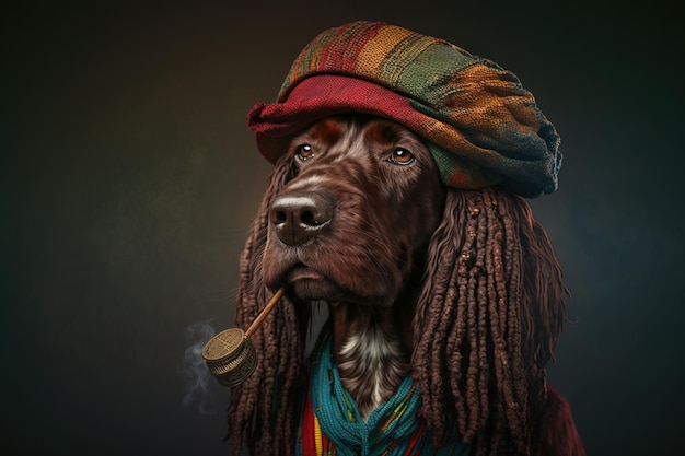 Cane Rastaman con i dreadlocks e un cappello che fuma la pipa