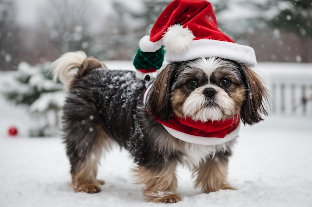 Cane razza shih in berretto Babbo Natale e vestiti rossi nella foresta invernale