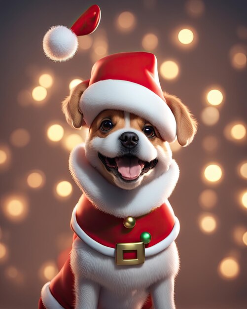 Cane realistico sorridente renderizzato in 3D con il costume di Babbo Natale