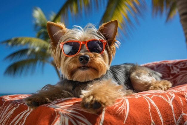Cane Rilassato Yorkshire_Terrier Rilassarsi in vacanza sulla spiaggia IA generativa