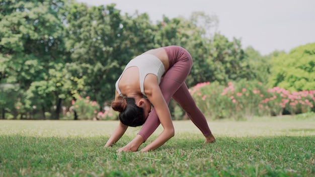 Cane rivolto verso il basso Asian giovane donna seduta sull'erba a praticare yoga nella posa della mucca