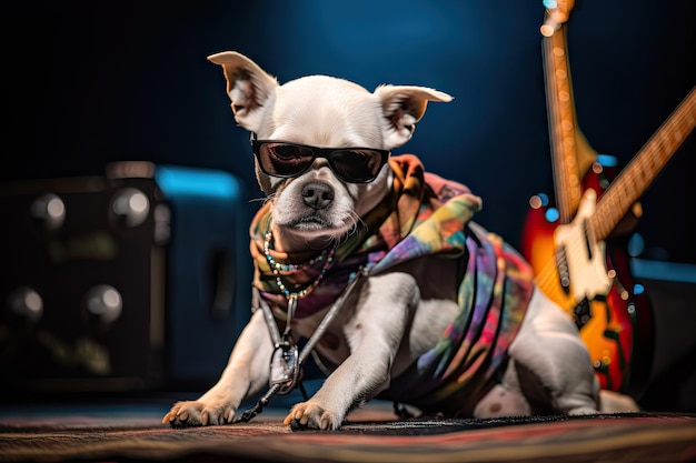 Cane rock star che si esercita con la chitarra sul palco al concerto tutto esaurito creato con l'IA generativa