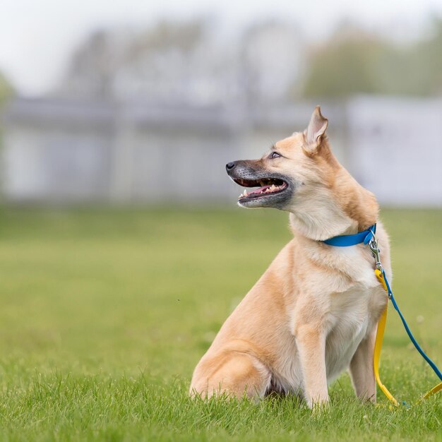 Cane rosso felice seduto all'aperto Cane di razza mista sull'erba verde