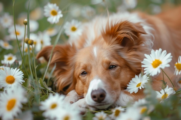 Cane sdraiato in un giardino soleggiato primaverile tra i fiori AI generativa