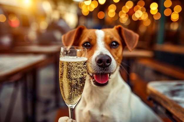 Cane seduto a tavolo con un bicchiere di champagne di fronte