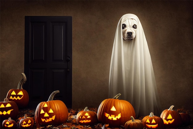 Cane seduto come un fantasma per Halloween con zucche luce spaventoso e spettrale sfondo AI generativo