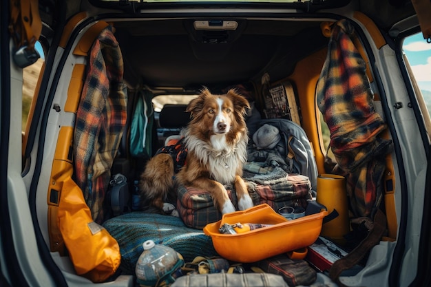 Cane seduto in macchina con i bagagli per il viaggio IA generativa