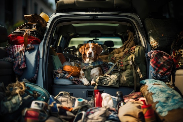 Cane seduto in macchina con i bagagli per il viaggio IA generativa