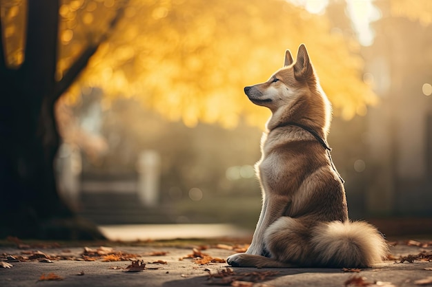 Cane seduto nel parco autunnale