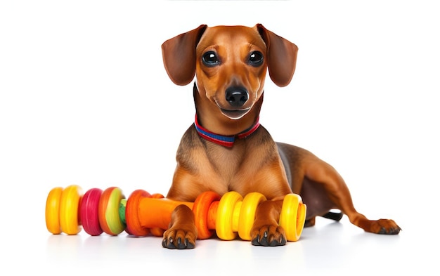 Cane seduto per giocattoli colorati da masticare isolato su uno sfondo bianco