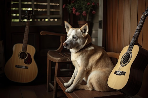 Cane seduto su una sedia a dondolo in legno con la chitarra tra le zampe creata con l'IA generativa