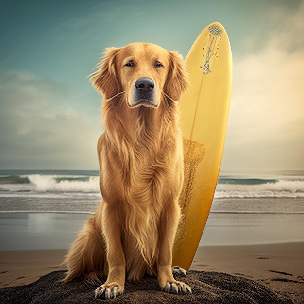 Cane seduto su una spiaggia con tavola da surf ai generativa