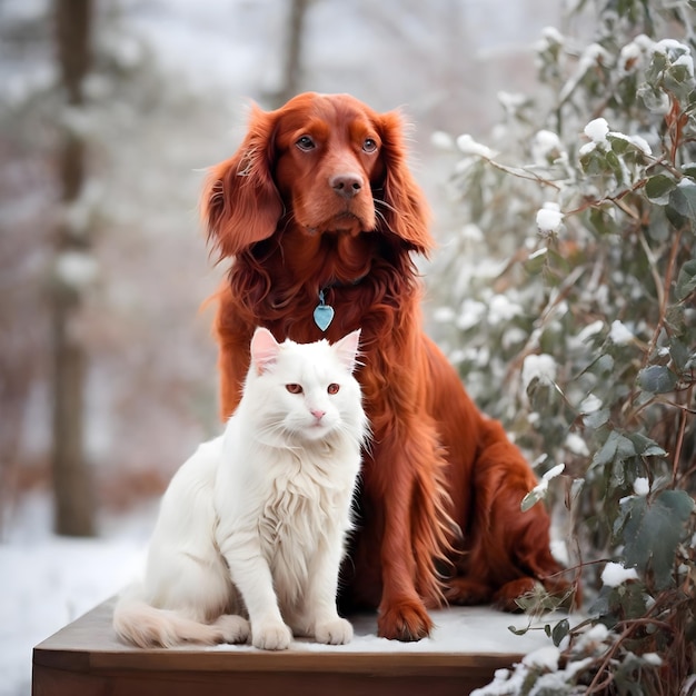 Cane setter irlandese rosso e gatto bianco insieme in inverno