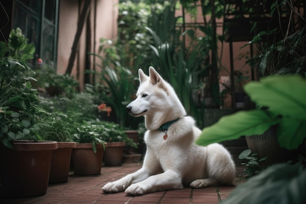 Cane Siberian Husky in giardino Fuoco selettivo AI generato