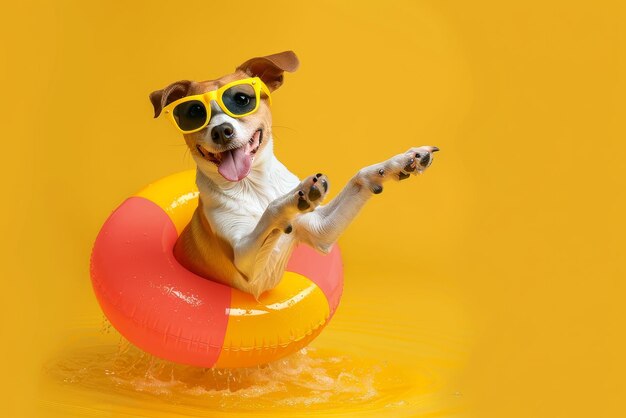 Cane sorridente felice con gli occhiali da sole e un cerchio da nuoto su sfondo giallo