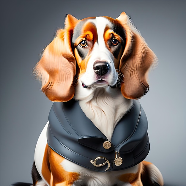 Cane spaniel che indossa abiti e accessori di moda Ritratto di animale domestico in abbigliamento Moda di cane