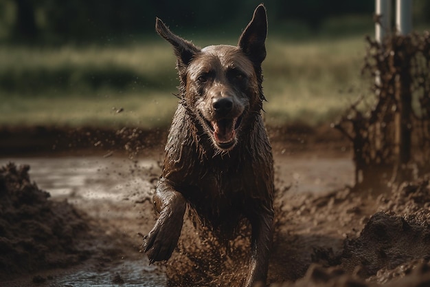 Cane sporco che corre e gioca nel fango