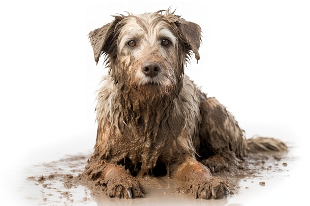 cane sporco coperto di fango isolato su bianco