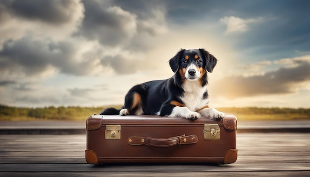 Cane su una valigia da viaggio con un posto per un'iscrizione