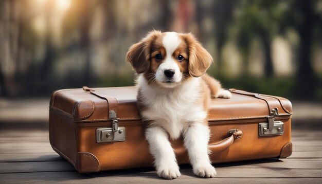 Cane su una valigia da viaggio con un posto per un'iscrizione