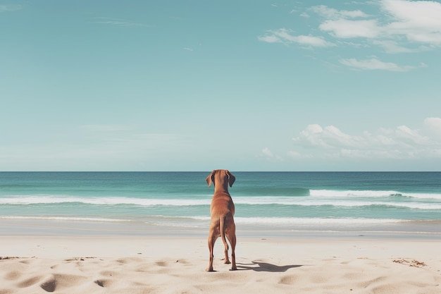 Cane sulla spiaggia con mare e cielo azzurro effetto filtro vintage cane sulla spiaggia generato dall'intelligenza artificiale