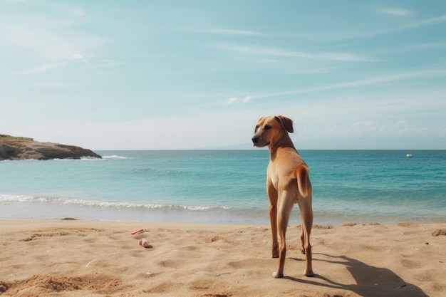 Cane sulla spiaggia con sfondo blu del cielo e del mare Copia spazio cane sulla spiaggia Generato dall'intelligenza artificiale