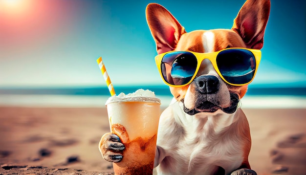 Cane sulla spiaggia con un cocktail AI generativa