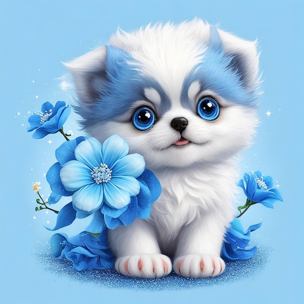 Cane sveglio del fumetto blu e bianco che tiene un fiore